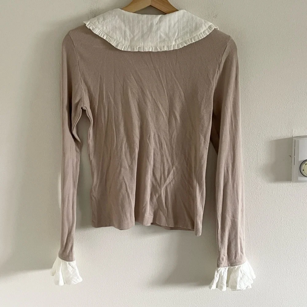 Pilcro Anthropologie Keira Peter Pan Collar Henley Top Size Small Neutral NWT - Picture 8 of 12